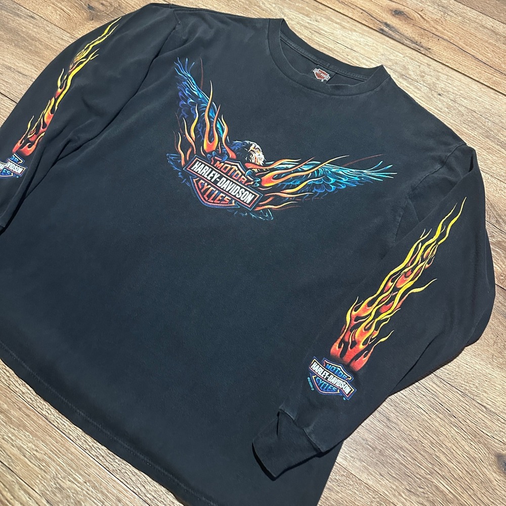 Vintage Harley Davidson Black Graphic Long Sleeve Shirt Men XL Thunder Mountain